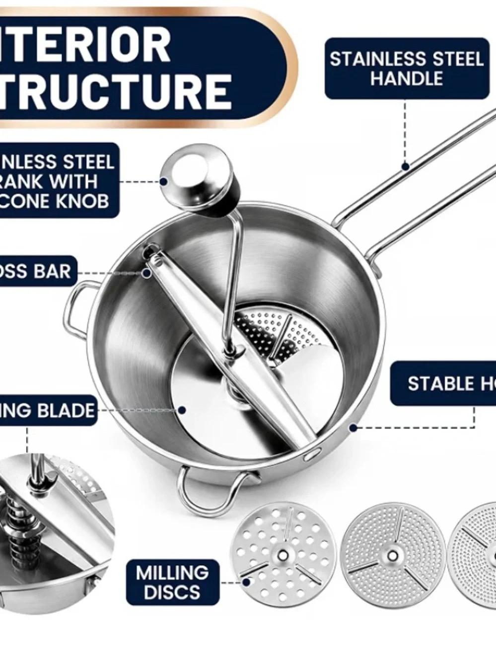 Stainless Steel Food Mill with 3 Interchangeable Discs